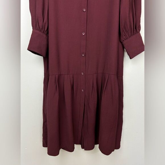 Loft Pleated Waist Midi Dress NO TIE Deep Burgundy Long Sleeve Button Front 12P - Picture 4 of 16